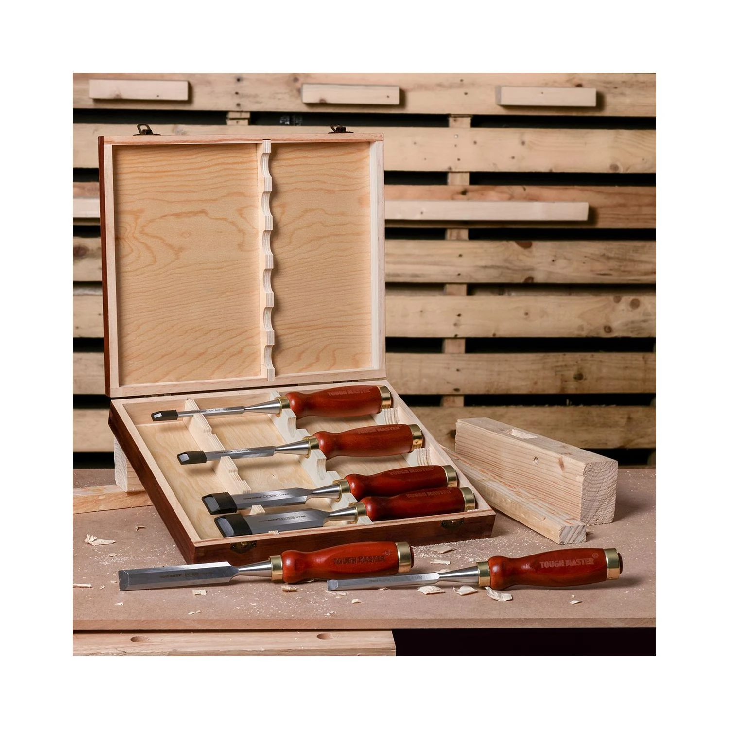 TOUGH MASTER® 6 Piece Wood Chisel Set Wood Carving Chisel Set With Wooden Storage Case - 6 Pieces (TM-CS146W) 2 TOUGH MASTER® 6 Piece Wood Chisel Set Wood Carving Chisel Set With Wooden Storage Case - 6 Pieces (TM-CS146W) - Image 2