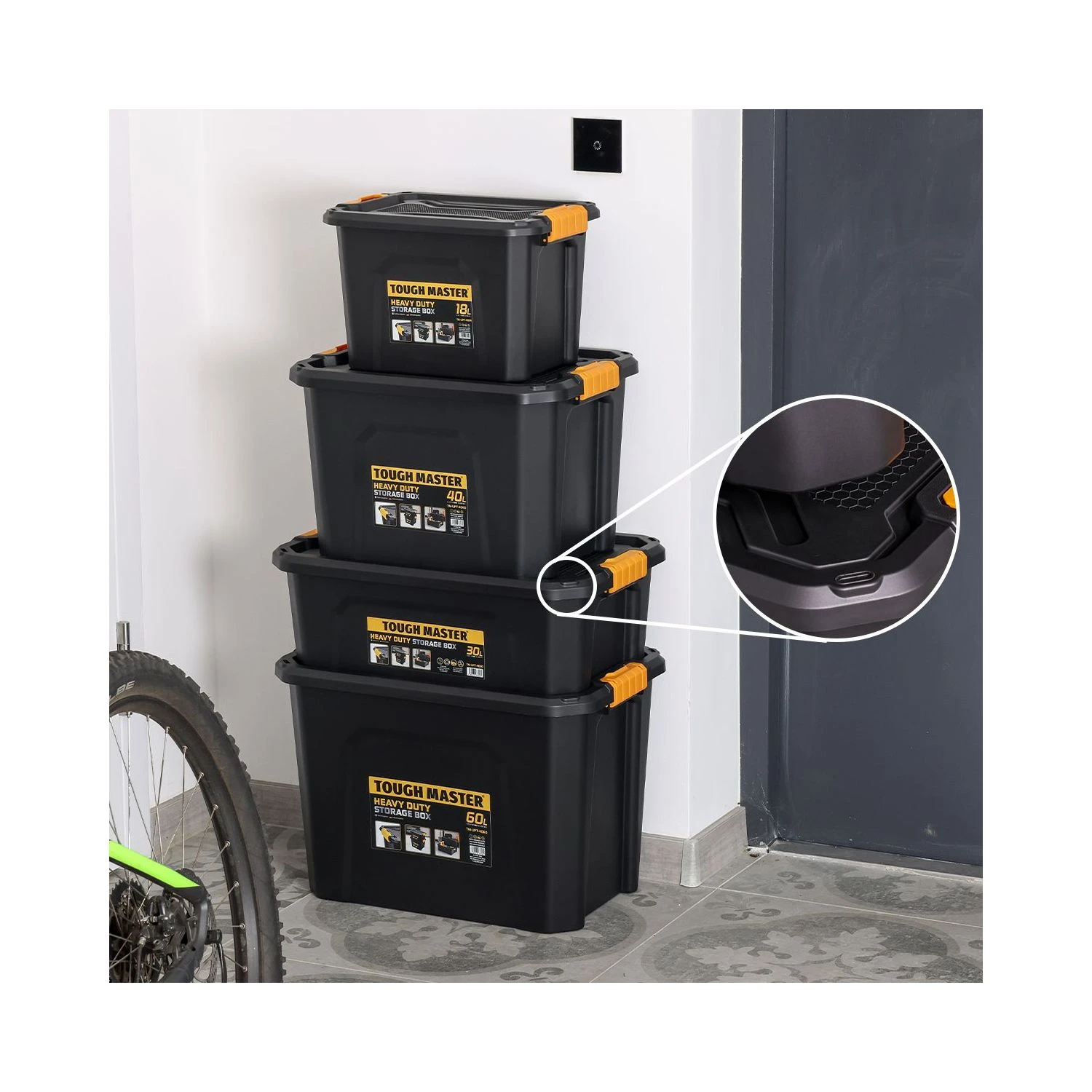 TOUGH MASTER® Storage Box Heavy Duty Stackable Plastic Box Chest Organiser For Tools, Toys, Camping Gear - 60 Litres (TM-UPT-4060) 6 TOUGH MASTER® Storage Box Heavy Duty Stackable Plastic Box Chest Organiser For Tools, Toys, Camping Gear - 60 Litres (TM-UPT-4060) - Image 6