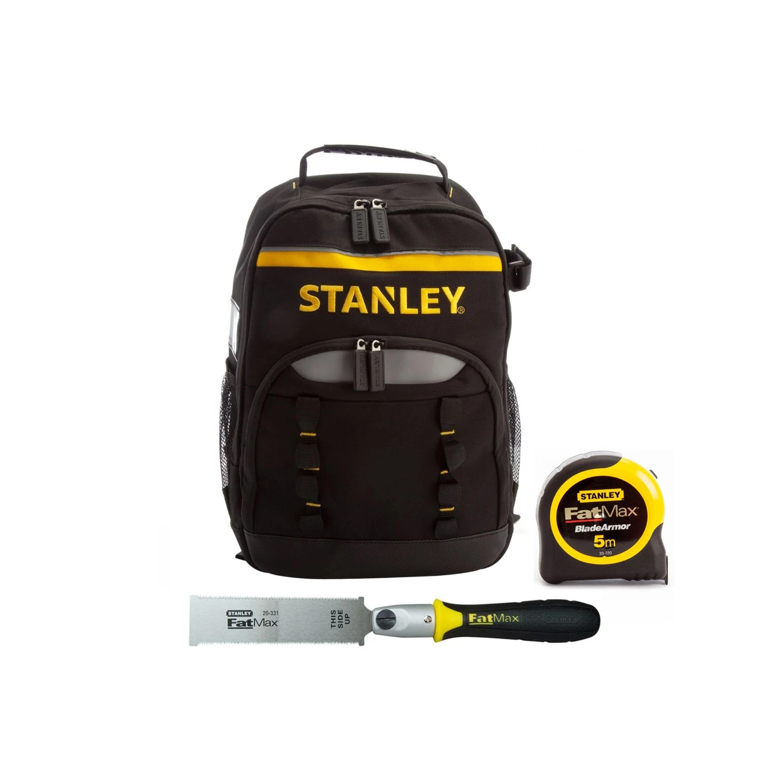 Stanley 1-72-335 Tool Bag Backpack With Fatmax Armor Metric 5m Tape Measure & Mini Flush Cut Pull Saw 1 Stanley 1-72-335 Tool Bag Backpack With Fatmax Armor Metric 5m Tape Measure & Mini Flush Cut Pull Saw