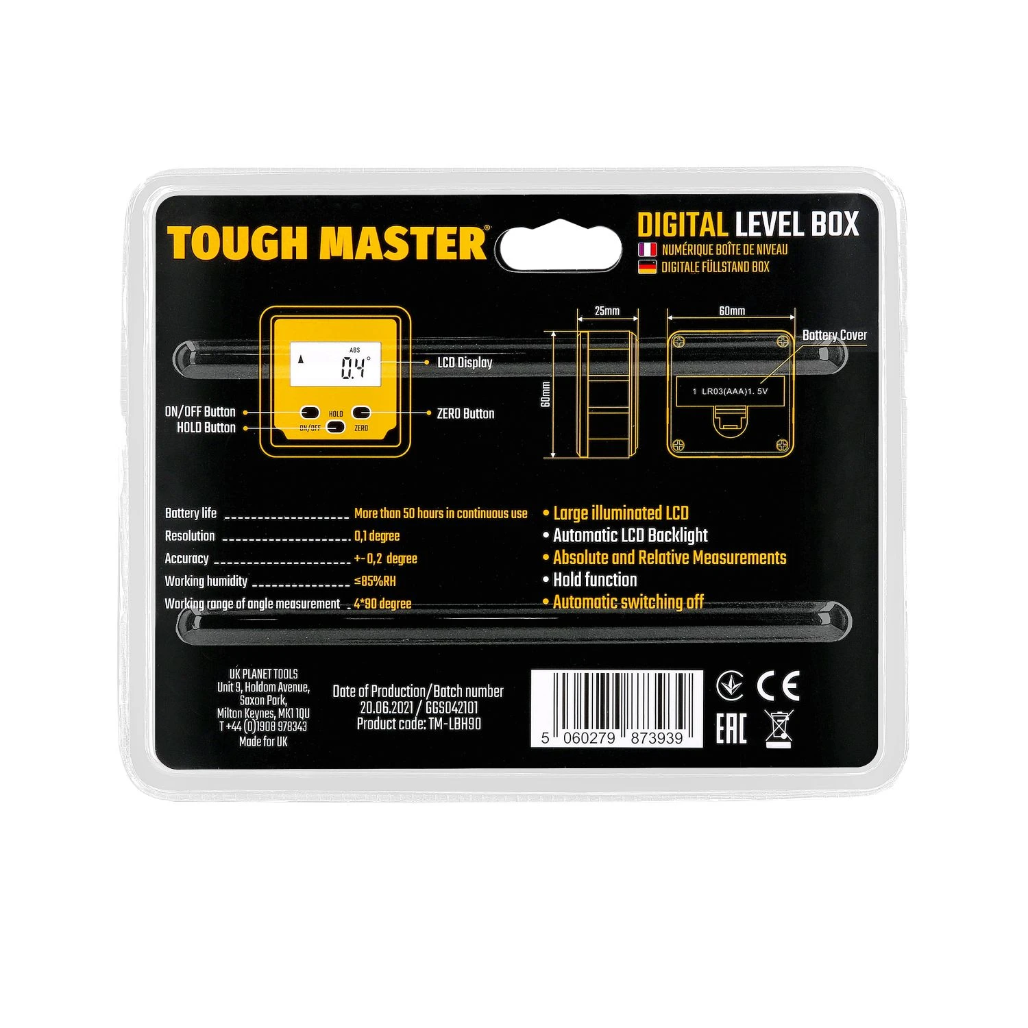 TOUGH MASTER® 3-in-1 Digital Angle Finder Spirit Level Angle Measurer & 3v Battery + Digital Level Box 11 TOUGH MASTER® 3-in-1 Digital Angle Finder Spirit Level Angle Measurer & 3v Battery + Digital Level Box - Image 11