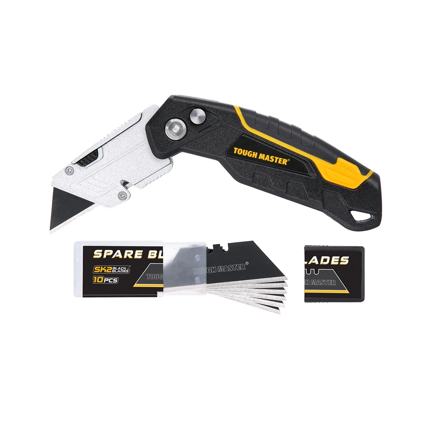 TOUGH MASTER® Folding Utility Knife With Blade Compartment & 3 Replacement Blades & 10 Piece Extra Utility Knife Blades 1 TOUGH MASTER® Folding Utility Knife With Blade Compartment & 3 Replacement Blades & 10 Piece Extra Utility Knife Blades